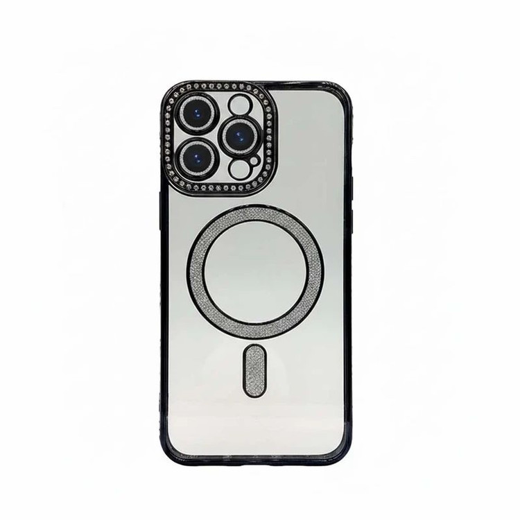 خرید قاب ژله ای شفاف MagSafe اکلیلی / نگین دار با محافظ دوربین
