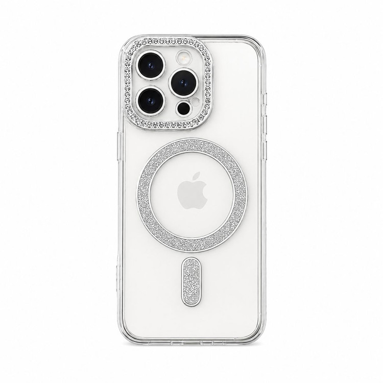 خرید قاب ژله ای شفاف MagSafe اکلیلی / نگین دار با محافظ دوربین